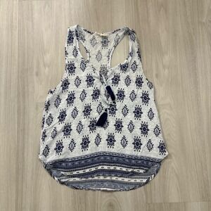 Ocean Drive White Blue Geometric Tassel Racerback Tank Top Women's Medium
